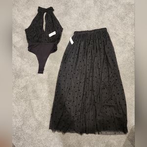 NWT Anthropologie 2 piece set. XS. Tulle/net with velvet dots and hearts.